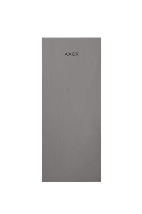 Metallplatte in gebürstetem Schwarzchrom mit AXOR-Logo, rechteckige Form und matte Oberfläche. Ideal für diverse Anwendungen in modernen Räumen.